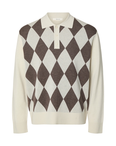 Selected - SLMTray Merino Argyle Polo - Silver Birch/Delicioso